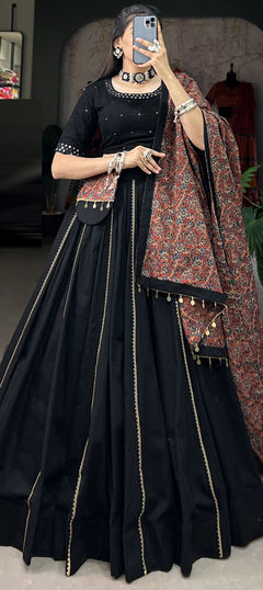 Black and Grey color Lehenga in Cotton fabric with Lace, Mirror work