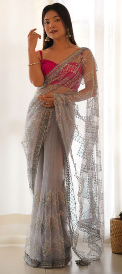 Black and Grey color Saree in Net fabric with Sequence work