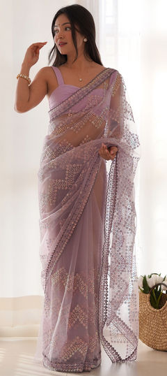 Purple and Violet color Saree in Net fabric with Sequence work