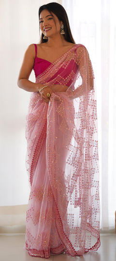 Pink and Majenta color Saree in Net fabric with Sequence work