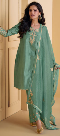 Festive, Party Wear, Reception Green color Salwar Kameez in Silk fabric with Straight Embroidered, Sequence work : 1959129