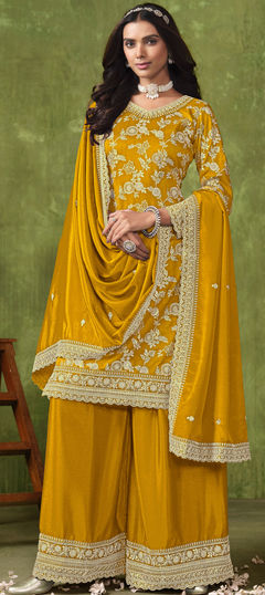 Festive, Party Wear, Reception Yellow color Salwar Kameez in Jacquard fabric with Palazzo, Straight Embroidered, Sequence work : 1959132