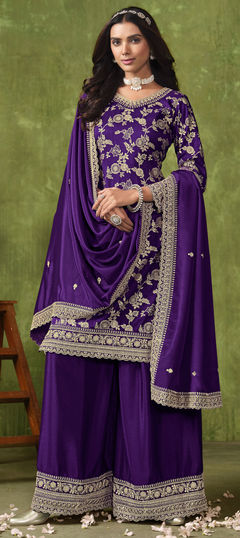 Festive, Party Wear, Reception Purple and Violet color Salwar Kameez in Jacquard fabric with Palazzo, Straight Embroidered, Sequence work : 1959133