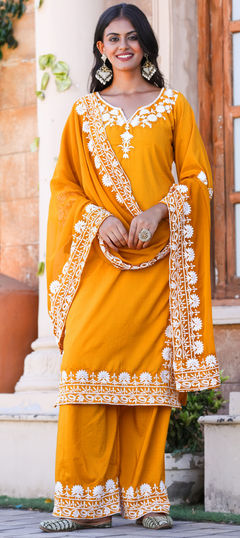 Festive, Reception Yellow color Salwar Kameez in Silk fabric with Palazzo, Straight Embroidered work : 1959136