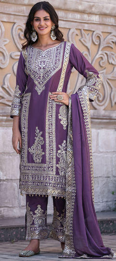 Festive, Reception Purple and Violet color Salwar Kameez in Art Silk fabric with Straight Embroidered, Moti, Sequence work : 1959140