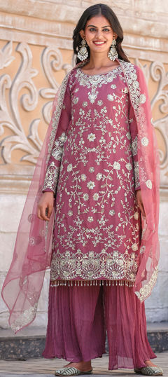 Festive, Reception Pink and Majenta color Salwar Kameez in Faux Georgette fabric with Palazzo, Straight Embroidered, Sequence work : 1959152