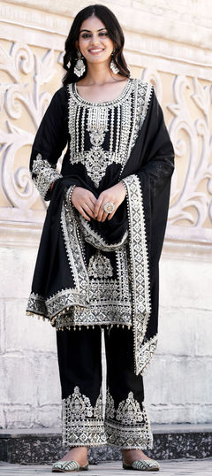 Festive, Reception Black and Grey color Salwar Kameez in Silk fabric with Straight Embroidered, Sequence work : 1959153