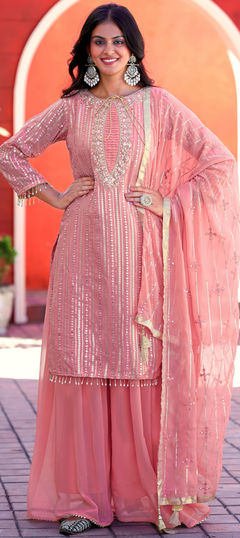 Festive, Reception Pink and Majenta color Salwar Kameez in Faux Georgette fabric with Palazzo, Straight Embroidered, Sequence work : 1959154