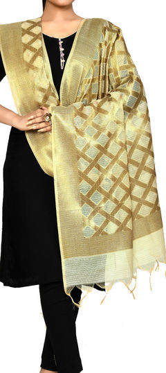 Beige and Brown color Dupatta in Silk cotton fabric with Weaving work