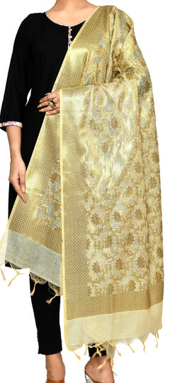 Beige and Brown color Dupatta in Silk cotton fabric with Weaving work