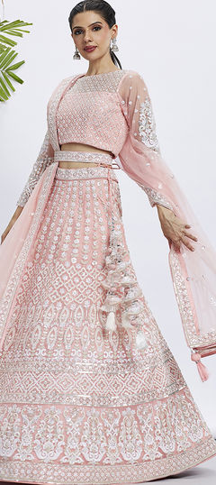 Bridal, Engagement, Wedding Pink and Majenta color Lehenga in Net fabric with Flared Embroidered, Sequence, Thread work : 1959264