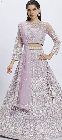 Bridal, Engagement, Wedding Purple and Violet color Lehenga in Net fabric with Flared Embroidered, Sequence, Thread work : 1959266