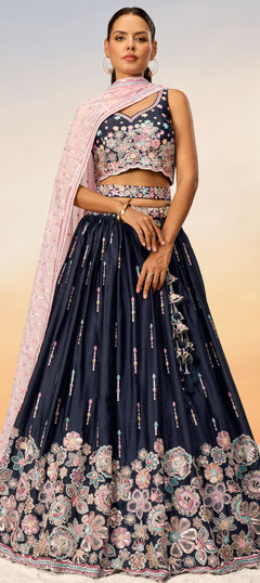 Bridal, Engagement, Wedding Blue color Lehenga in Satin Silk fabric with Flared Embroidered, Sequence, Thread work : 1959273