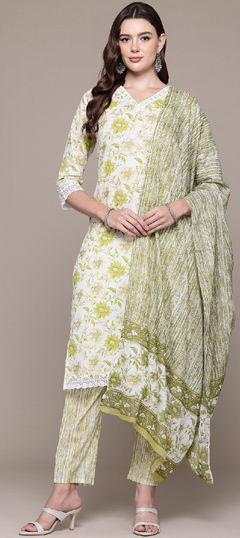 Green, White and Off White color Salwar Kameez in Cotton fabric with Floral, Printed, Resham, Thread work