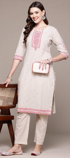 White and Off White color Salwar Kameez in Cotton fabric with Printed, Resham, Thread work