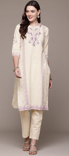 White and Off White color Salwar Kameez in Cotton fabric with Printed, Resham, Thread work