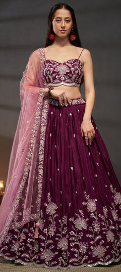 Pink and Majenta color Lehenga in Chiffon fabric with Embroidered, Sequence, Thread work