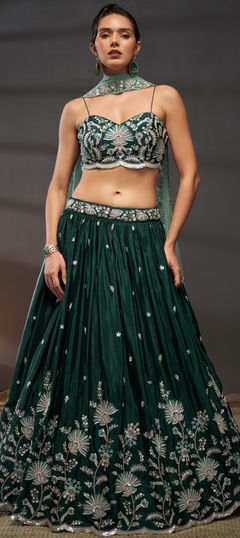 Bridal, Engagement, Wedding Green color Lehenga in Chiffon fabric with Flared Embroidered, Sequence, Thread work : 1959483