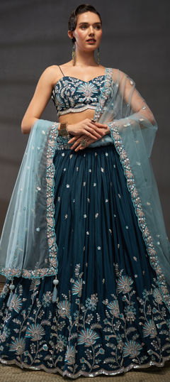 Blue color Lehenga in Chiffon fabric with Embroidered, Sequence, Thread work