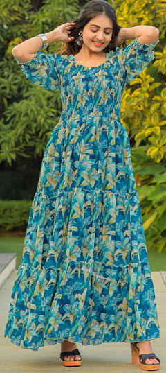 Casual Blue color Kurti in Georgette fabric with Anarkali Printed work : 1959556