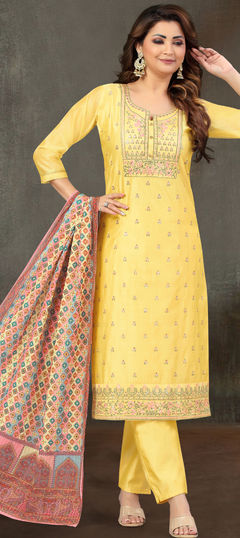 Festive, Party Wear, Reception Yellow color Salwar Kameez in Chanderi Silk fabric with Straight Embroidered, Resham, Thread work : 1959580