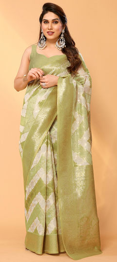 Festive, Traditional Green color Saree in Chanderi Silk fabric with South Weaving work : 1959597