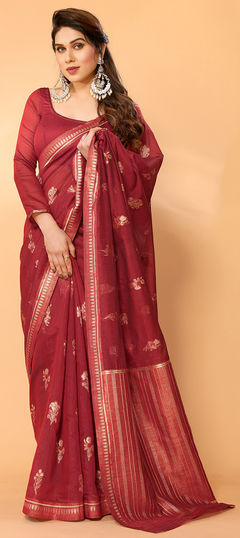 Festive, Traditional Red and Maroon color Saree in Chanderi Silk fabric with South Weaving work : 1959598