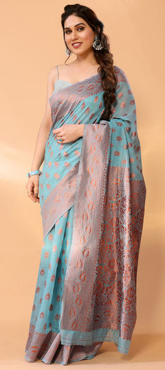 Festive, Traditional Blue color Saree in Chanderi Silk fabric with South Weaving work : 1959604