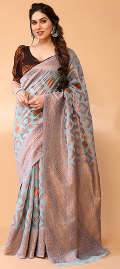 Festive, Traditional Blue color Saree in Chanderi Silk fabric with South Weaving work : 1959605