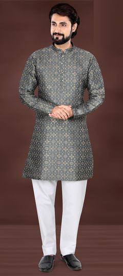 Black and Grey color Kurta in Jacquard fabric with Weaving work