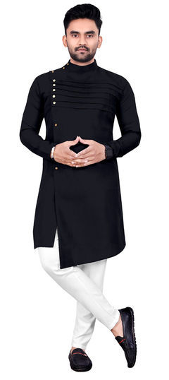 Party Wear Black and Grey color Kurta Pyjamas in Cotton fabric with Pleats work : 1959701