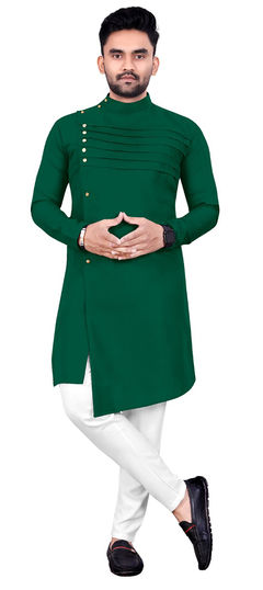 Party Wear Green color Kurta Pyjamas in Cotton fabric with Pleats work : 1959702