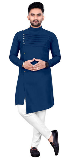 Party Wear Blue color Kurta Pyjamas in Cotton fabric with Pleats work : 1959703