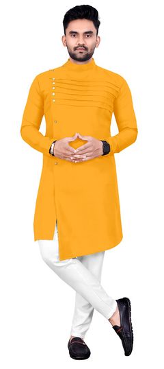 Party Wear Yellow color Kurta Pyjamas in Cotton fabric with Pleats work : 1959705