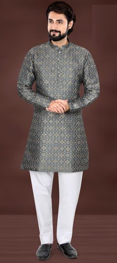 Party Wear Black and Grey color Kurta Pyjamas in Jacquard fabric with Weaving work : 1959706