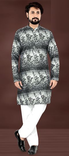 Party Wear Black and Grey color Kurta Pyjamas in Rayon fabric with Printed work : 1959709