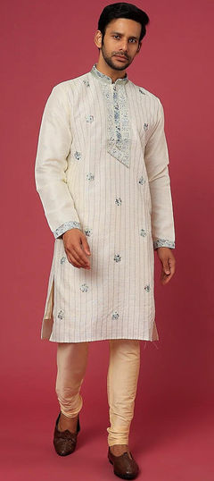 Party Wear White and Off White color Kurta Pyjamas in Cotton fabric with Embroidered, Thread work : 1959714