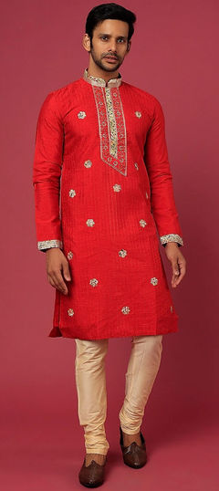 Party Wear Red and Maroon color Kurta Pyjamas in Cotton fabric with Embroidered, Thread work : 1959716