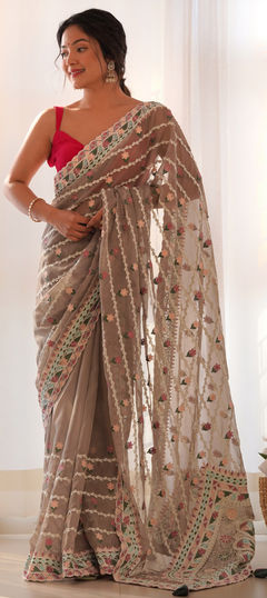 Beige and Brown color Saree in Net fabric with Embroidered, Resham, Stone, Thread work