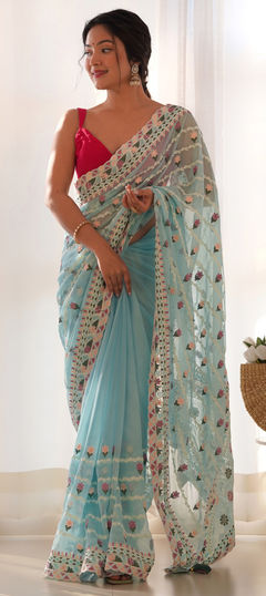 Blue color Saree in Net fabric with Embroidered, Resham, Stone, Thread work