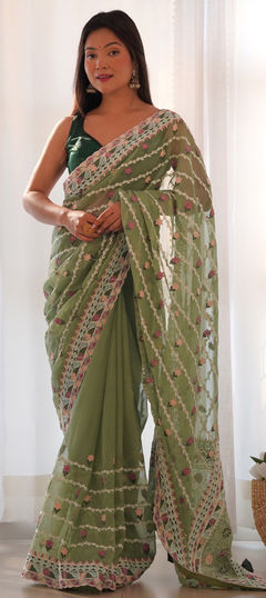 Green color Saree in Net fabric with Embroidered, Resham, Stone, Thread work