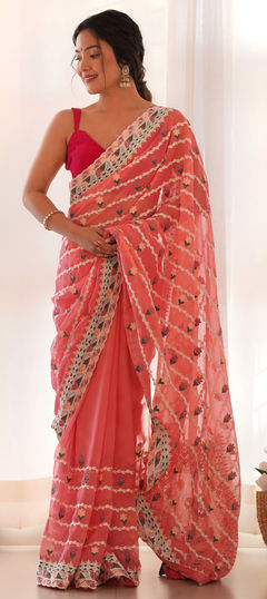 Pink and Majenta color Saree in Net fabric with Embroidered, Resham, Stone, Thread work