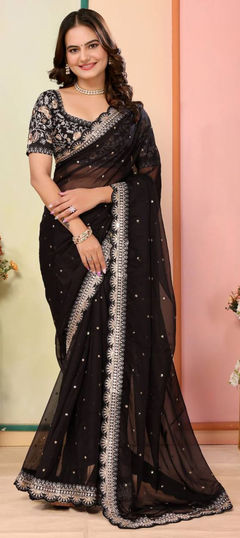 Festive, Traditional Black and Grey color Saree in Art Silk fabric with South Embroidered, Sequence, Thread work : 1959740