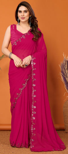 Festive, Party Wear Pink and Majenta color Saree in Georgette fabric with Classic Mirror work : 1959747