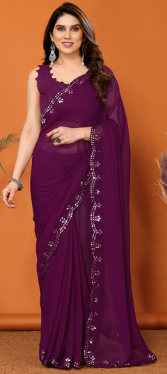 Festive, Party Wear Purple and Violet color Saree in Georgette fabric with Classic Mirror work : 1959748