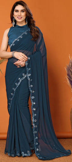 Festive, Party Wear Blue color Saree in Georgette fabric with Classic Mirror work : 1959749