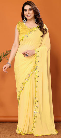 Festive, Party Wear Yellow color Saree in Georgette fabric with Classic Mirror work : 1959750