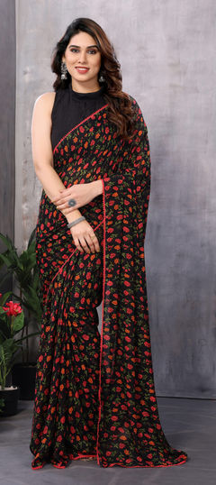 Casual, Party Wear Black and Grey, Red and Maroon color Saree in Georgette fabric with Classic Lace, Printed work : 1959752