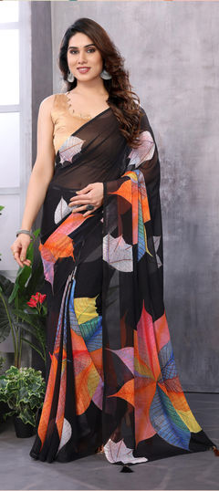 Casual, Party Wear Black and Grey color Saree in Georgette fabric with Classic Lace, Printed work : 1959755