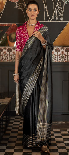 Black and Grey color Saree in Viscose fabric with Weaving work